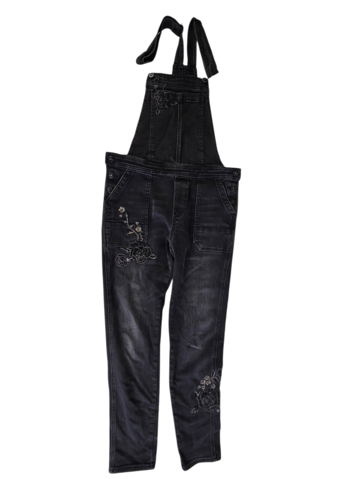 Driftwood Bib Overalls Womens Medium Black Distressed Floral Denim Straight Flaw