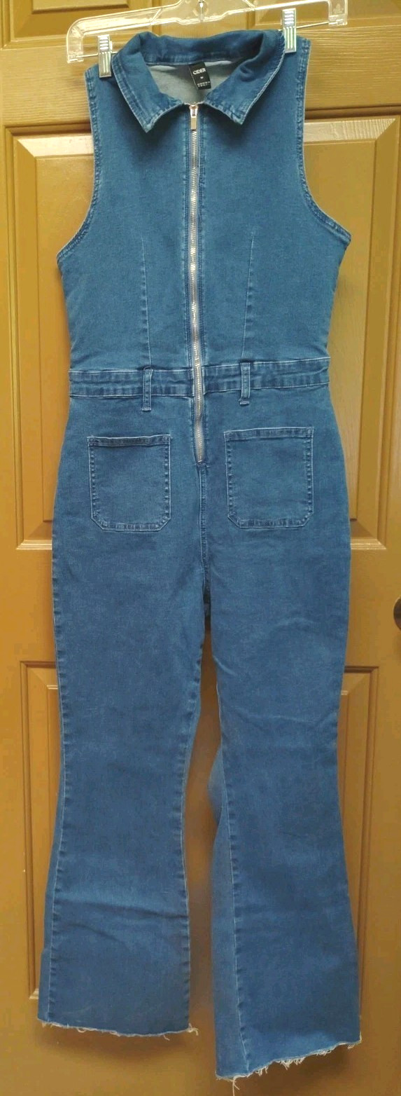 Cider Jumpsuit Womens Sz M Denim Flare Leg Sleeveless Stretch Pockets