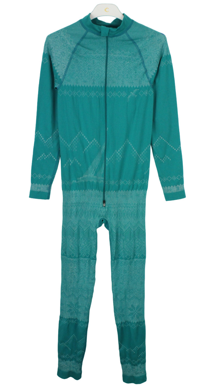 PYUA Jumpsuit Womens SMALL Stand Collar Stretch Blue Patterned Long Sleeve