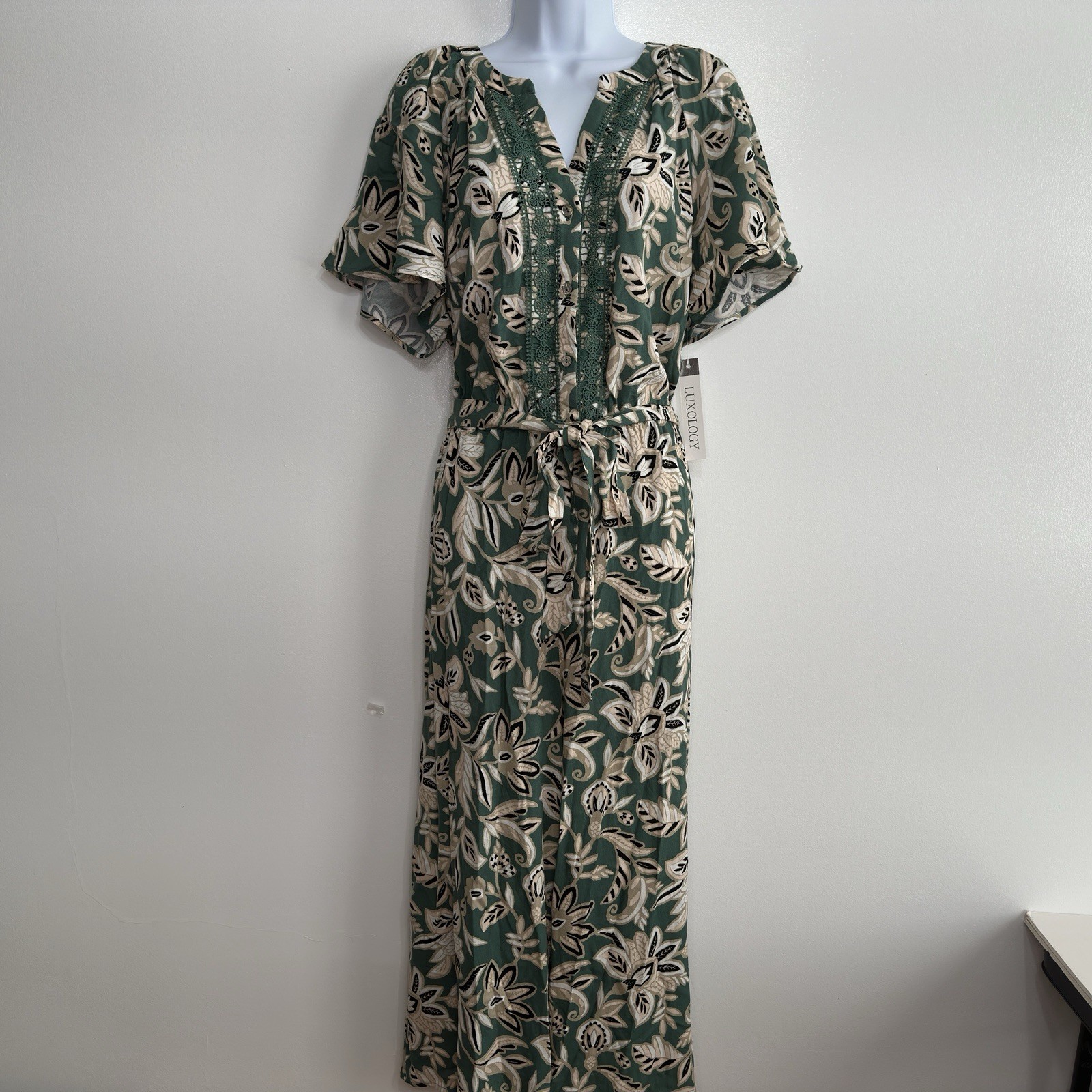 Luxology Womens Floral Jumpsuit Flutter Sleeve Pockets Cropped Wide Leg XL Green