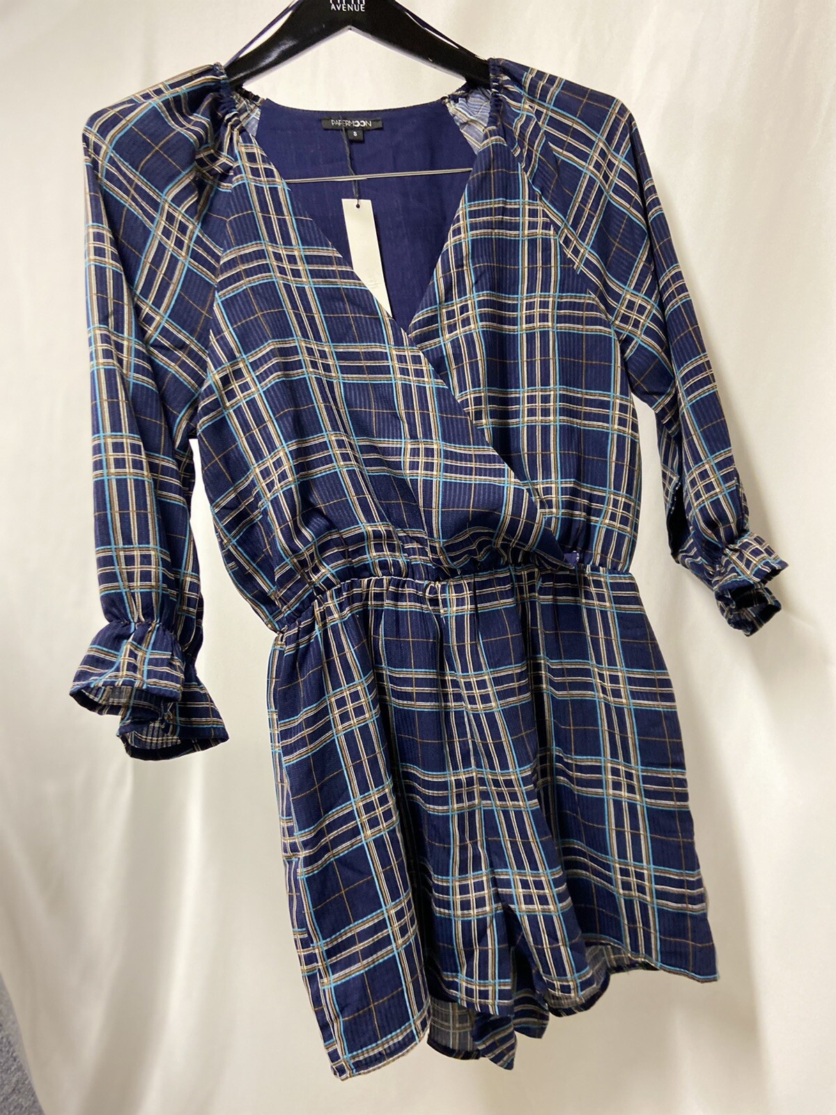 NEW Papermoon Romper Size S Plaid Long Sleeve Elastic Waist Jumpsuit One Piece