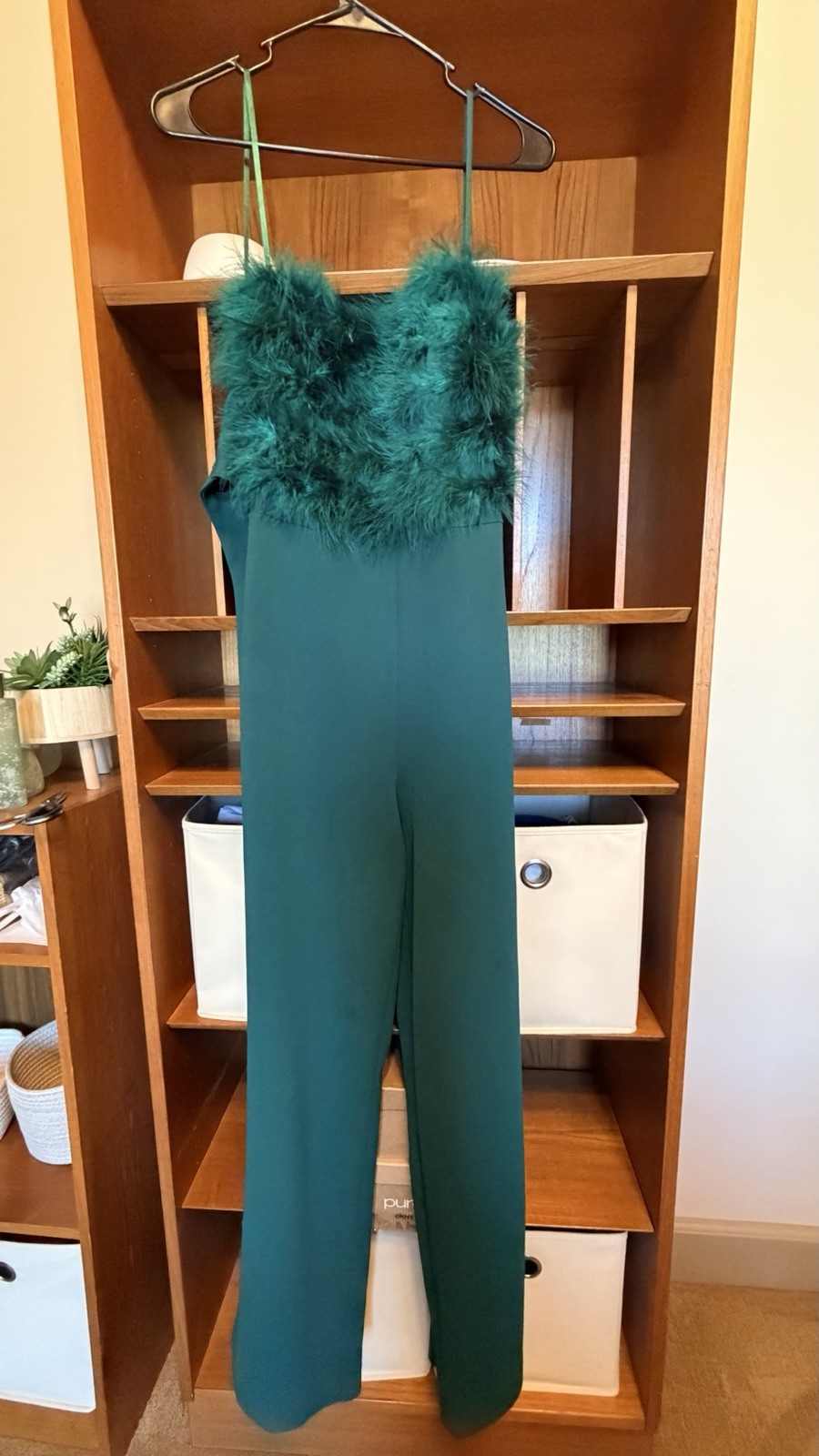 Crystal Sky Green Strappy Feather Trim Jumpsuit Faux Fur Zip Straight Leg S