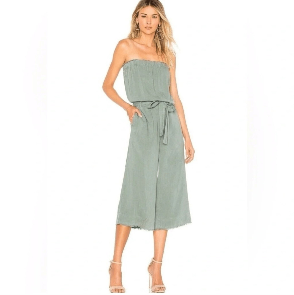 Cloth & stone Anthropologie sage green strapless tencel jumpsuit wide leg fringe