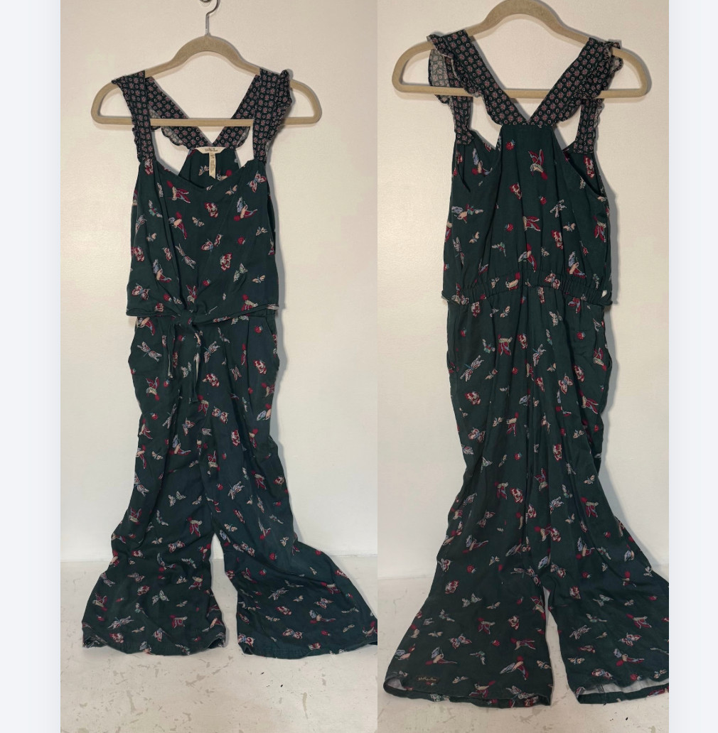 Matilda Jane Evergreen Dream Bird & Butterfly Novelty Wide Leg Jumpsuit XS Boho