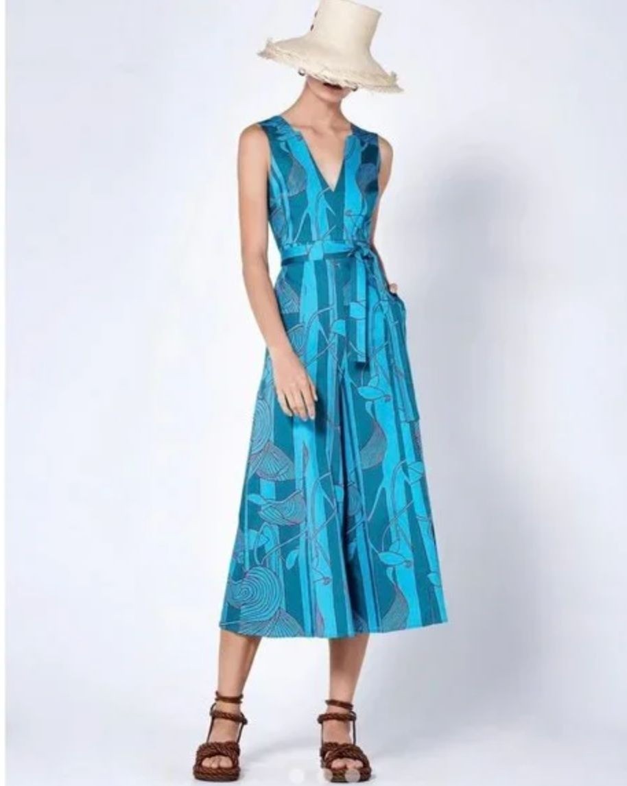 Alexis Cerelia Abstract Floral Jumpsuit Blue Green Wide Leg Cropped Sleeveless S