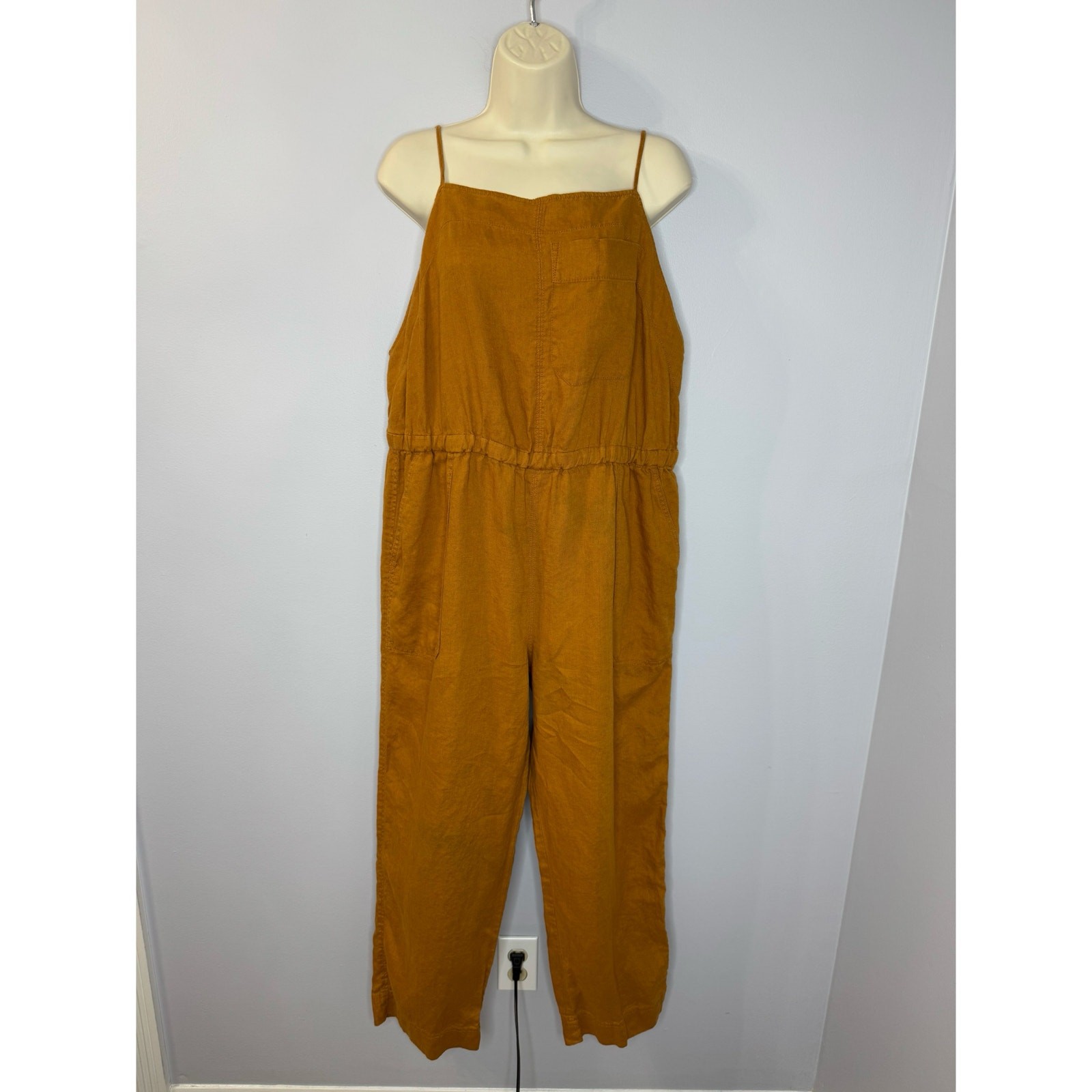 Everlane The Shoestring Apron Linen Jumpsuit Tawny Brown Mustard Lagenlook L