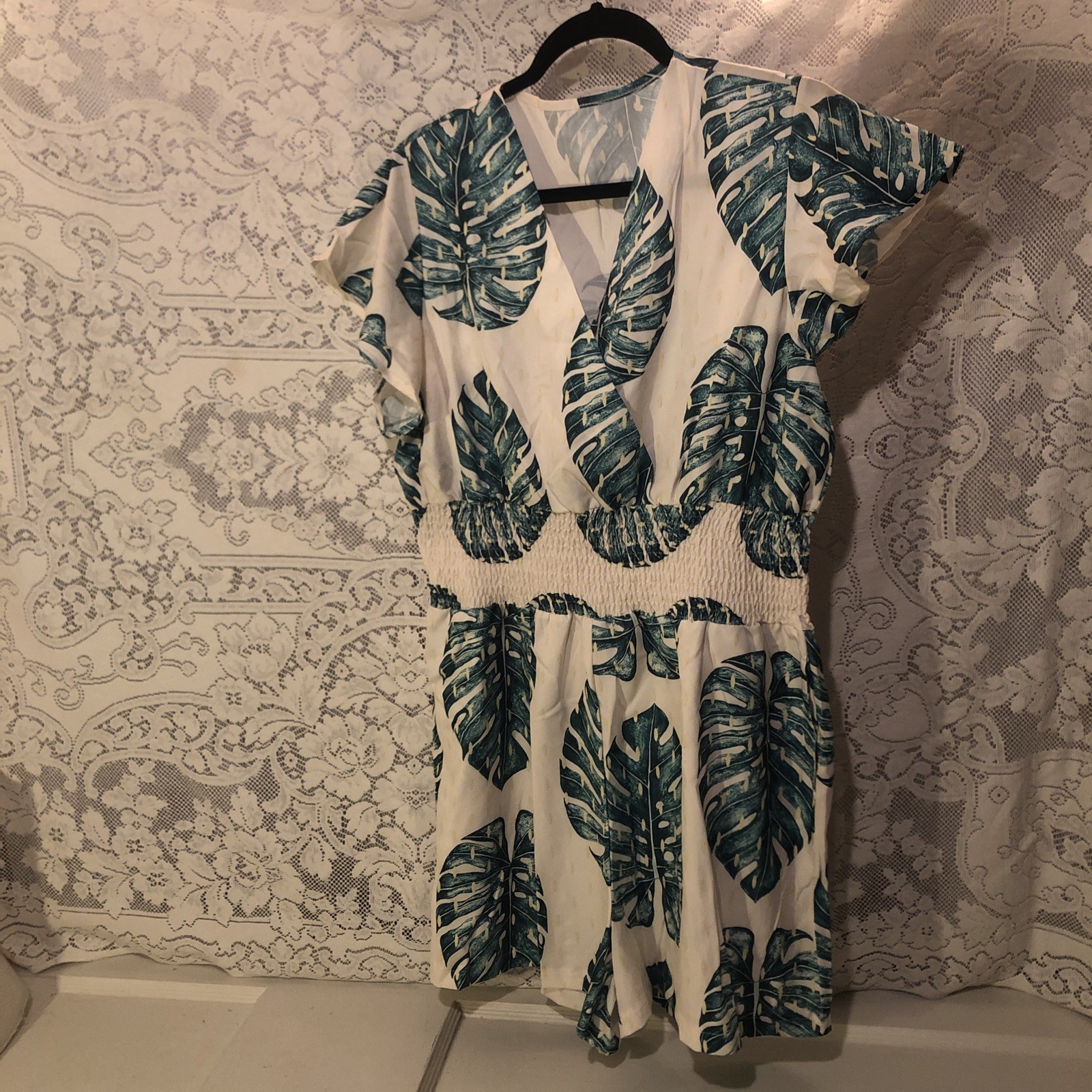 Casual White Green Palm Leaf Romper With Pockets And Elastic Waist 2XL