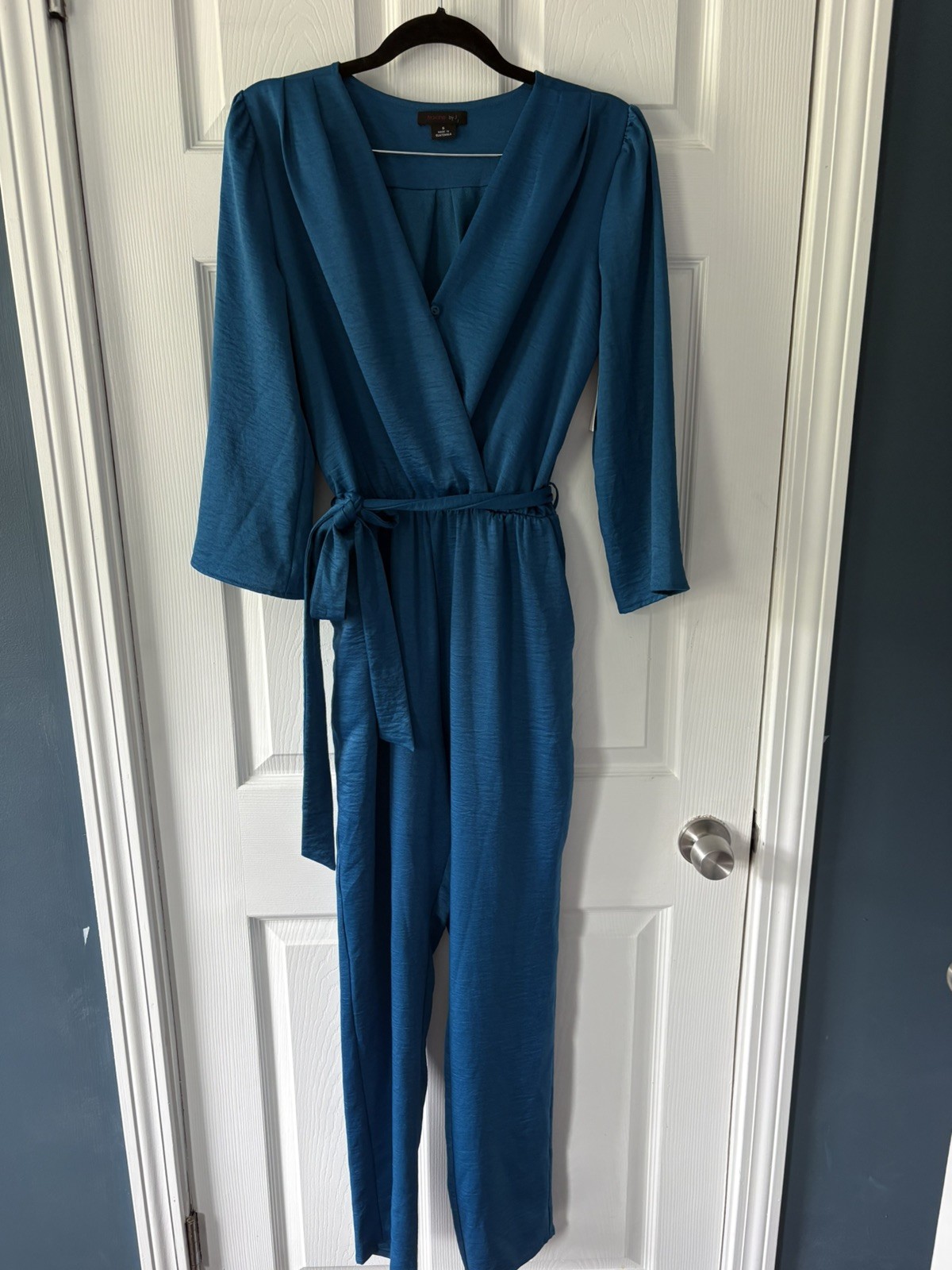 Nordstrom Fraiche By J Long Sleeve Satin Belted V Neck Jumpsuit || Blue || S