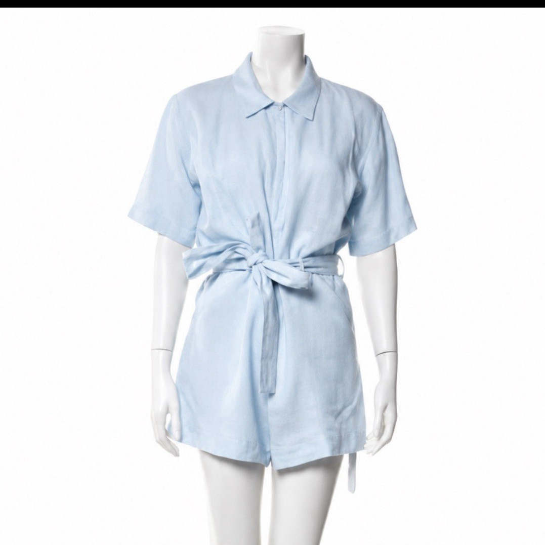 Rivet.Utility Blue Linen Collared Zip Front Belted Tie Waist Romper S