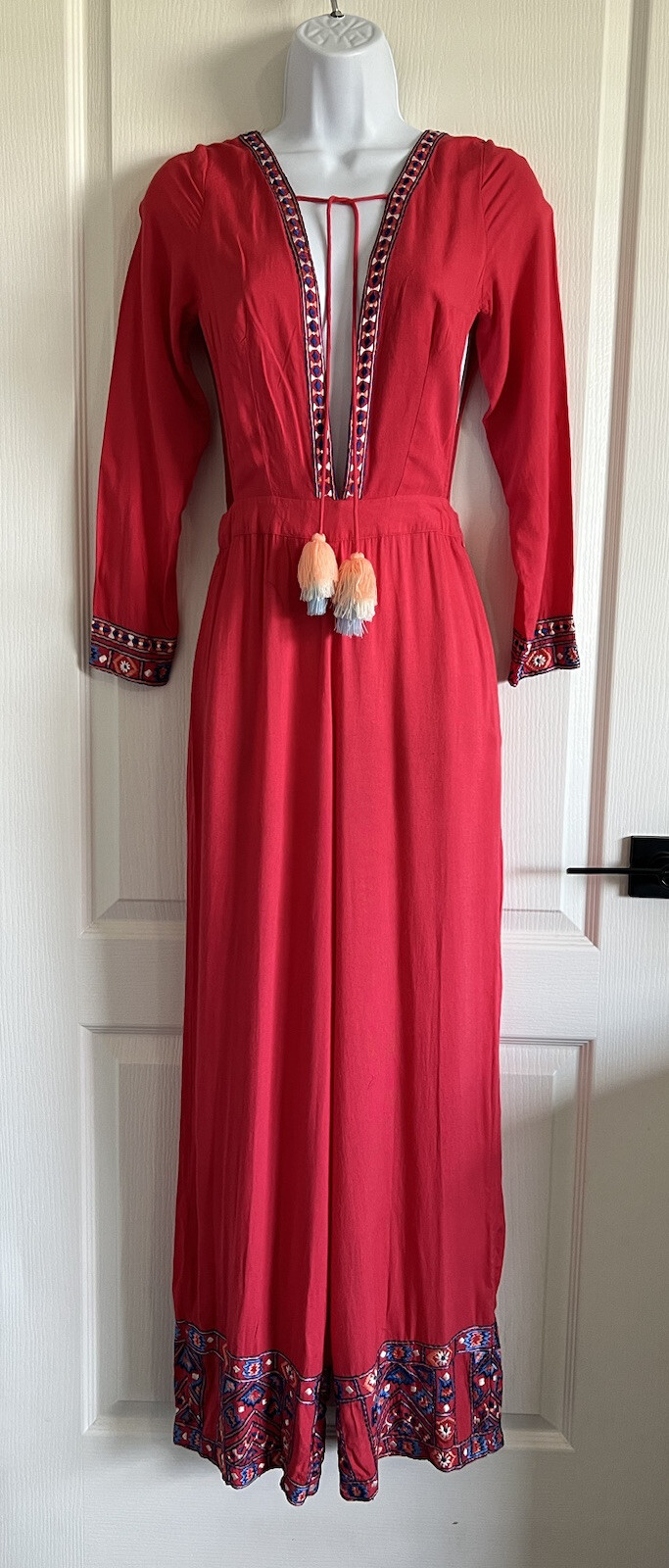 Kas New York Anthropologie Red Embroidered Tassel Cutout Jumpsuit XS NWT