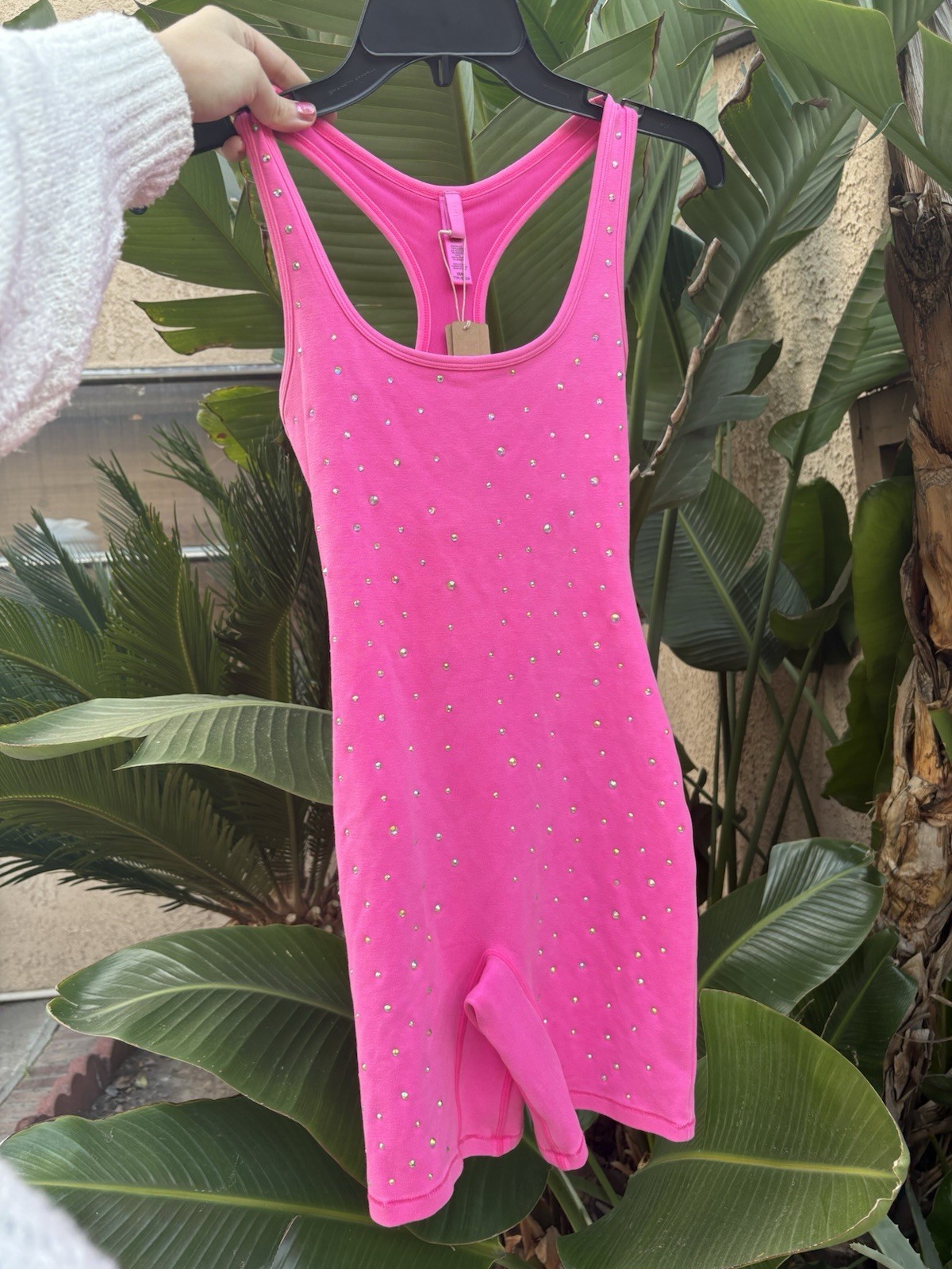 SKIMS Outdoor Rhinestone Mid Thigh Romper One Piece Bodysuit Taffy Pink Size XXS