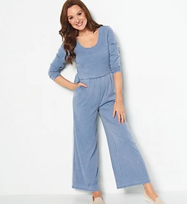 AnyBody Washed Ribbed Long Sleeve Jumpsuit Medium Indigo Medium A458584