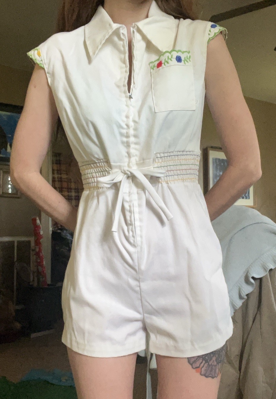 VTG White Romper with Floral Embroidery Size XS Cottage Core