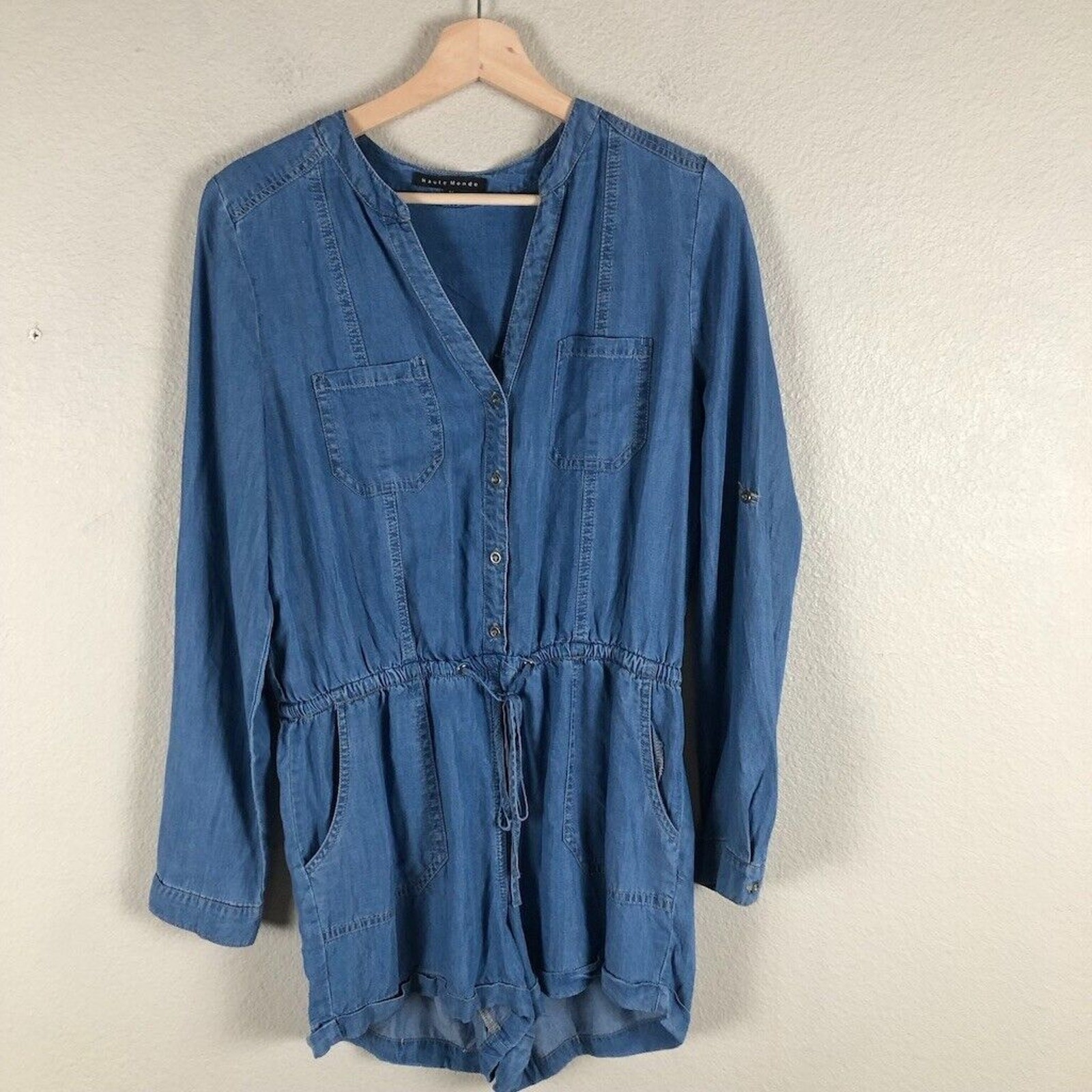 Haute Monde Romper Women Medium Blue Chambray Tie Elastic Waist Nordstrom Casual