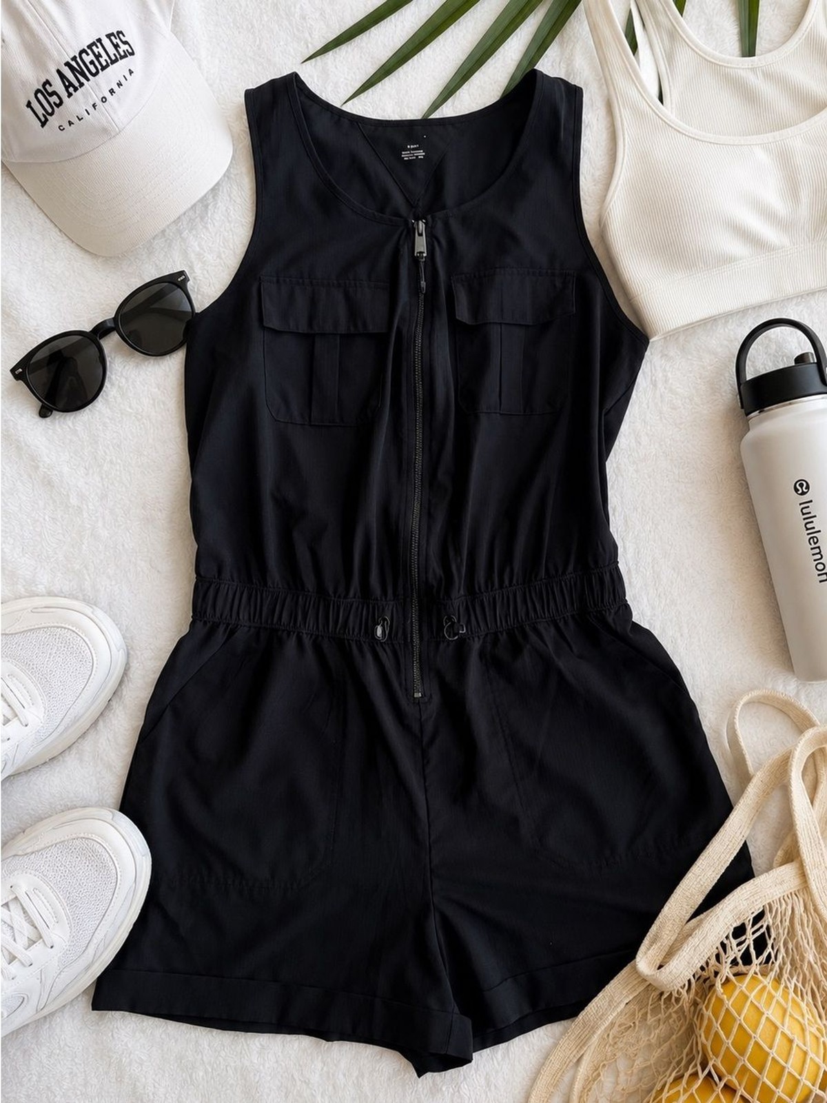 Avia Black Utility Cargo Romper Zip Front Size Small