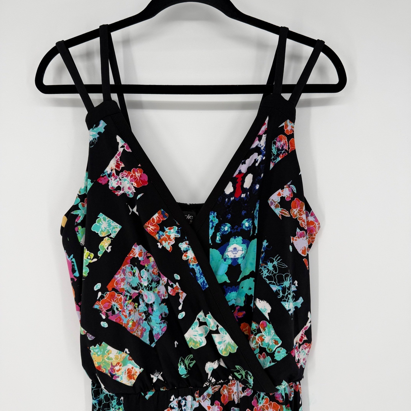 NICOLE BY NICOLE MILLER BLACK GEOMETRIC FLORAL STRAIGHT JOGGER JUMPSUIT MEDIUM