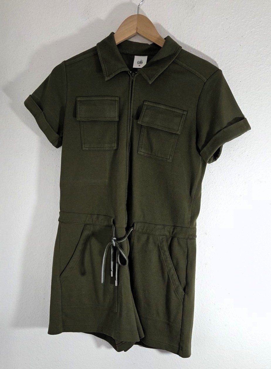 Cabi 6592 Squad Olive Green Zip Front Utility Drawstring Waist Romper Size XS
