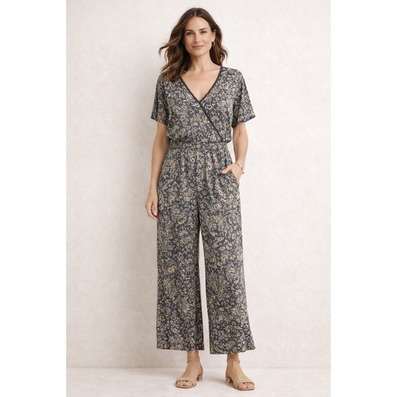 Sundance MED Paisley Wide Leg Jumpsuit Blue Cream V-Neck Button Front Cotton