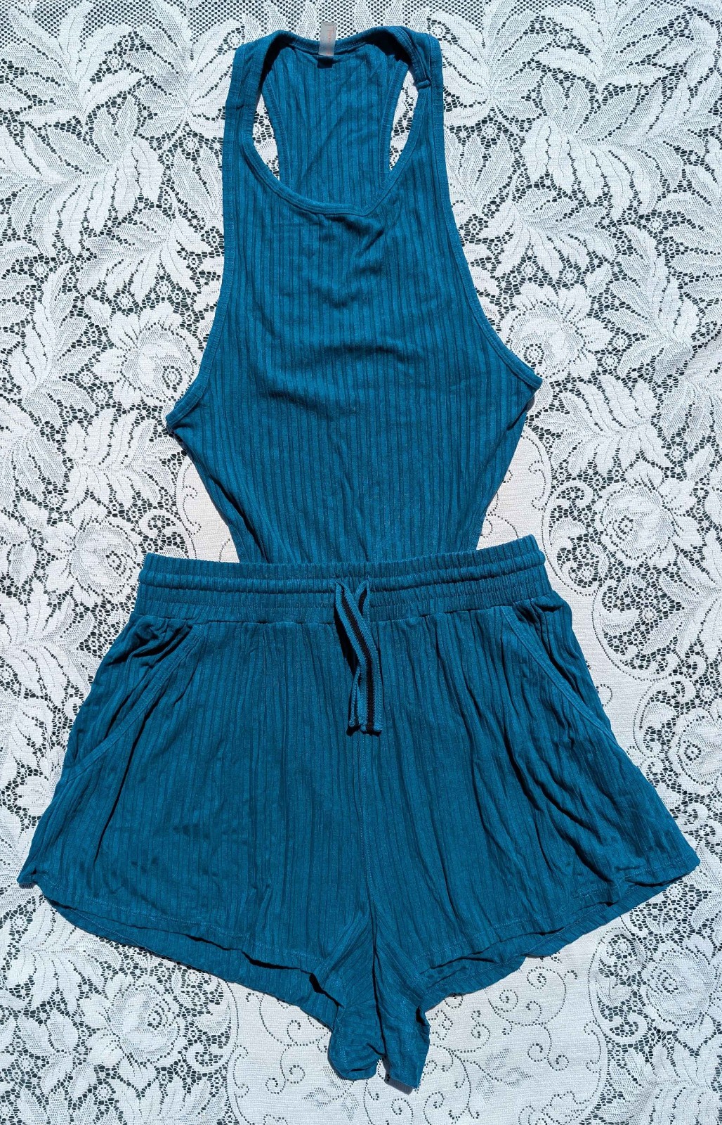 Retro 80s 90s Teal Stripe Backless Racerback Faux Shorts Workout Romper Leotard