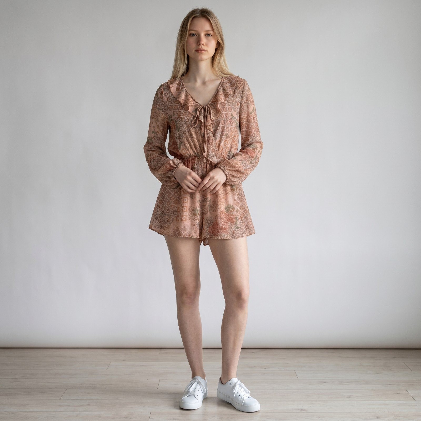 Final Touch Romper Womens L Pink Paisley Floral Long Sleeve Boho Summer