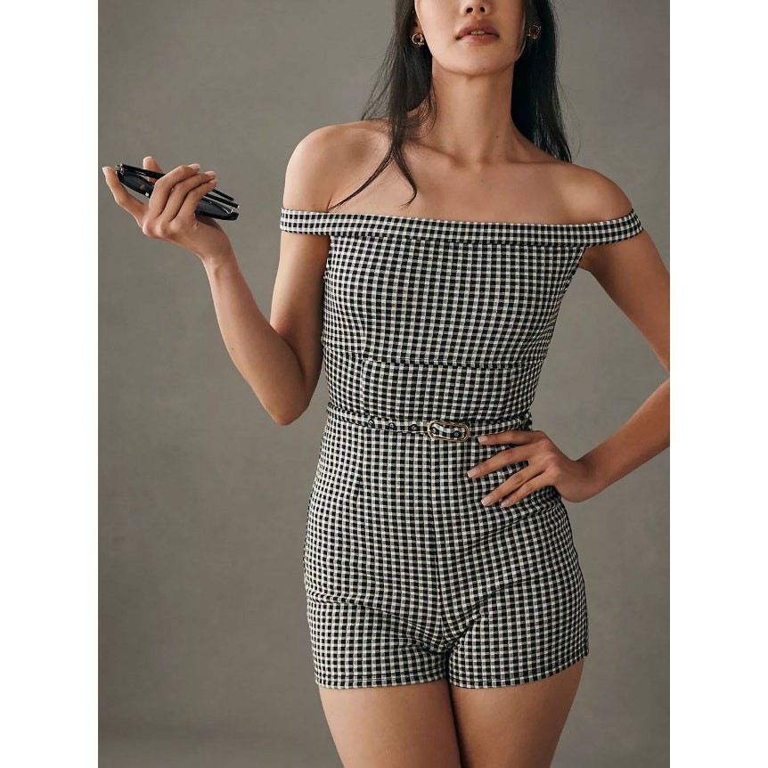 Maeve Anthropologie Off Shoulder Gingham Romper Black White Size 0