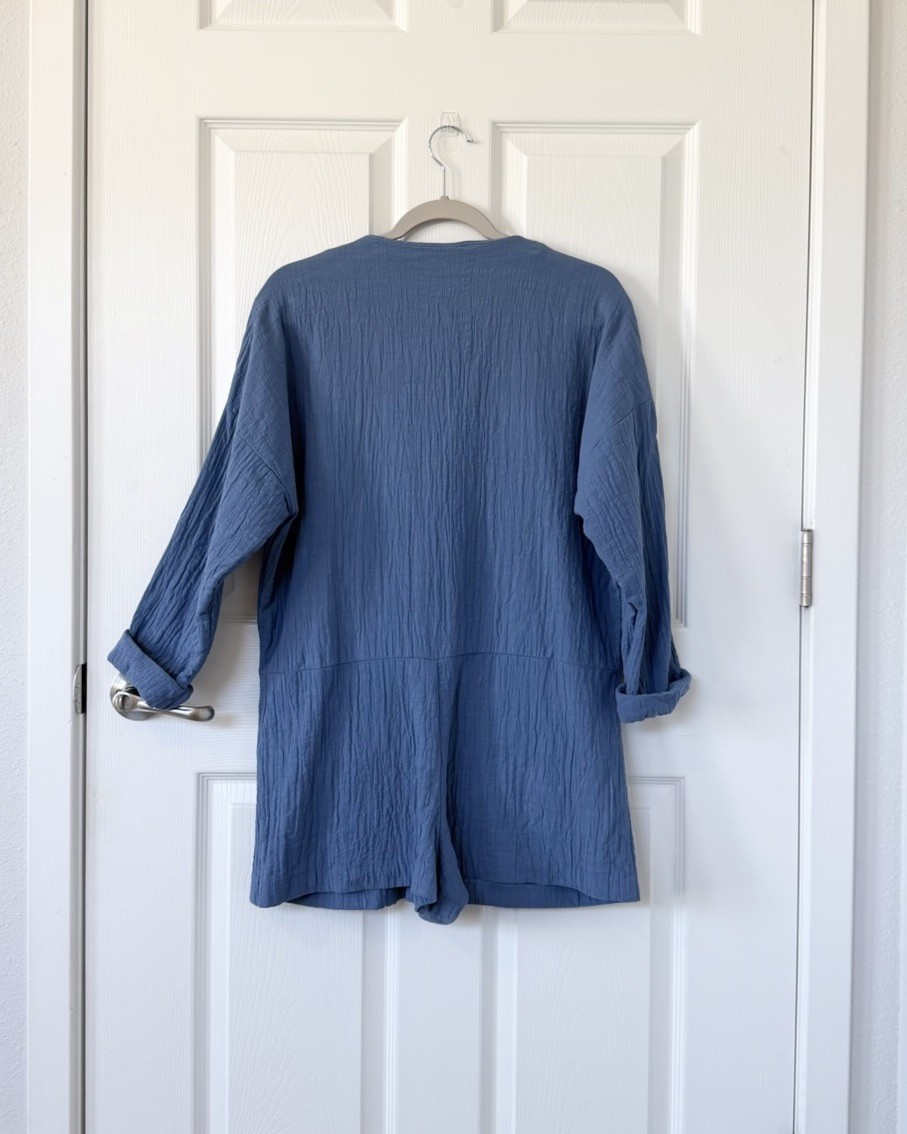 Zara Tie Front Cotton Gauze Coastal Blue Textured Romper Medium