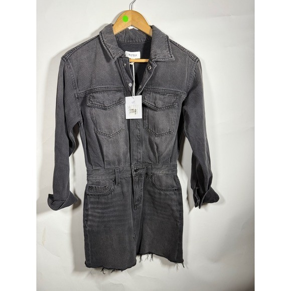 PISTOLA Women’s Denim Jumpsuit Dress Gray Long Sleeve Button Front Belted XS