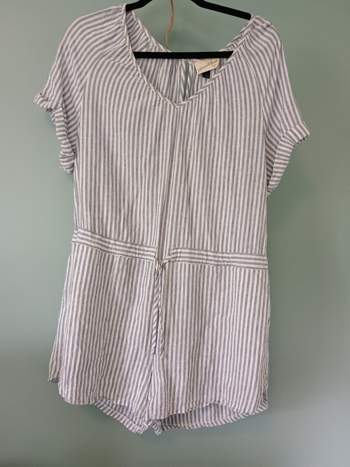 Coastal Beachy Striped Linen Romper Small Shorts Pockets Preppie Nautical Cruise