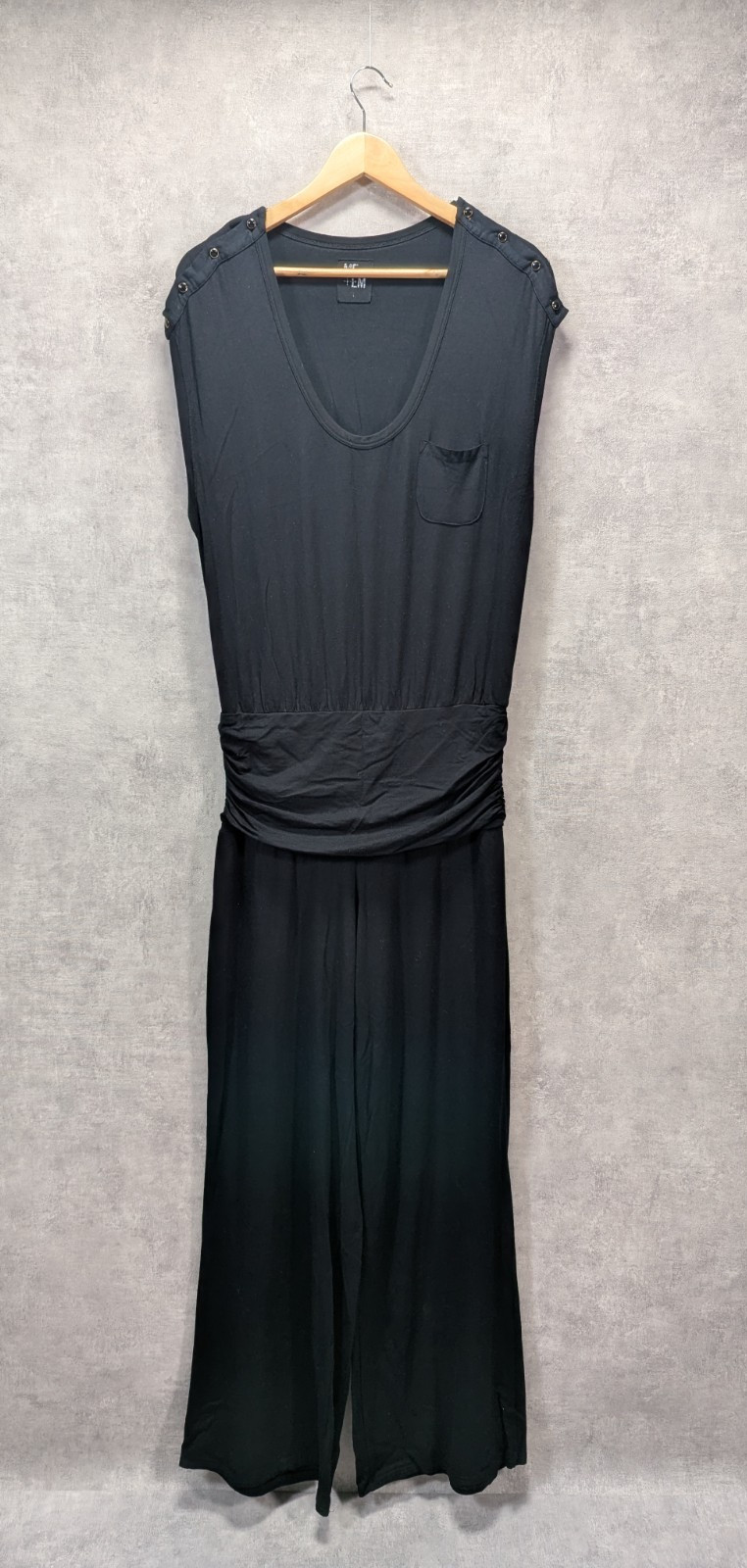 ME + EM Jumpsuit Womens L XL Black Wide Leg Ruched Resort Sleeveless Casual Chic