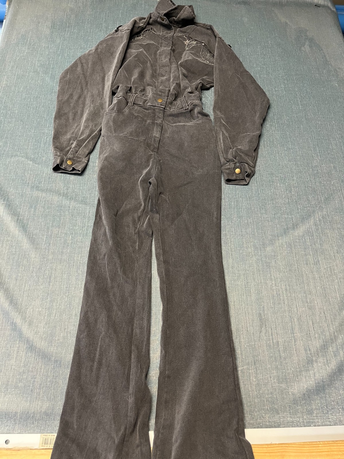 Fashion Nova Women’s Jumpsuit Size XS Gray Denim Rhinestone Fringe Long Sleeve