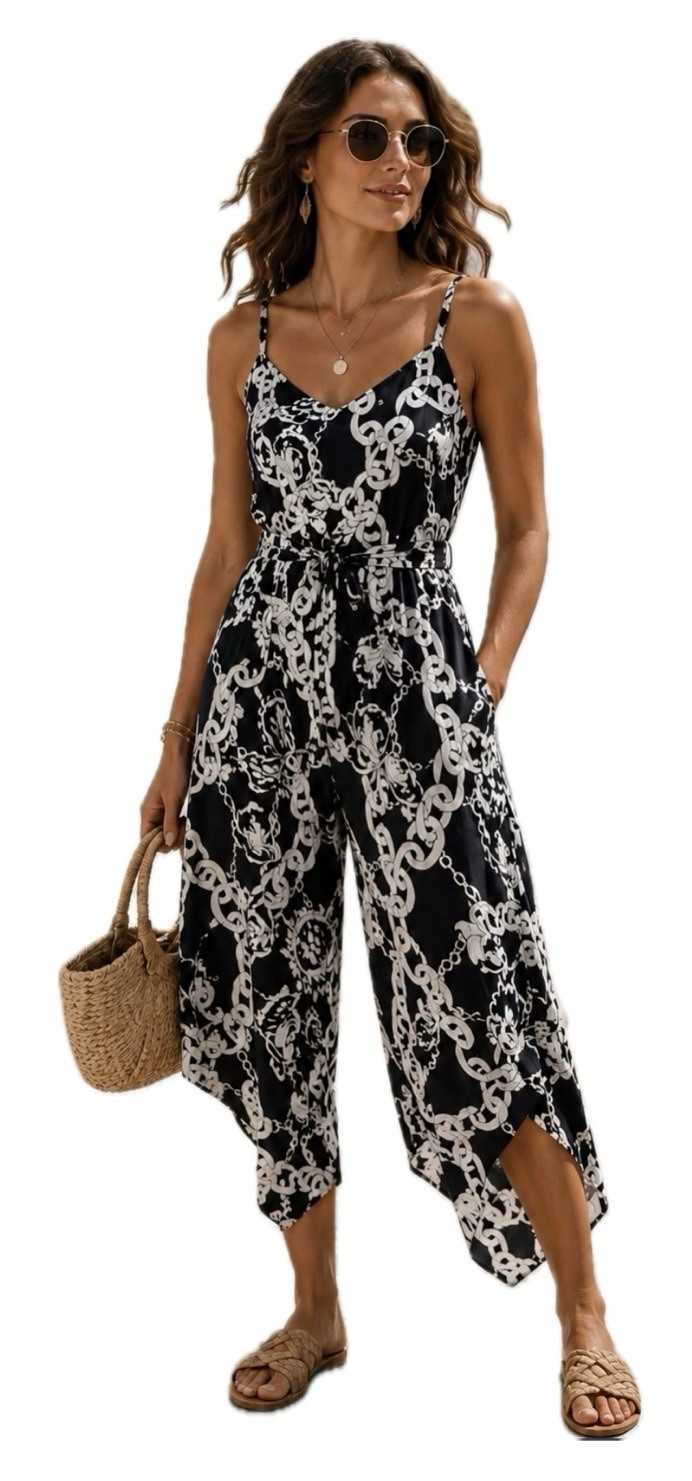 NWT. MSK Navy/White Chain Print Sleeveless Strap Zip Jumpsuit Regular Fit M