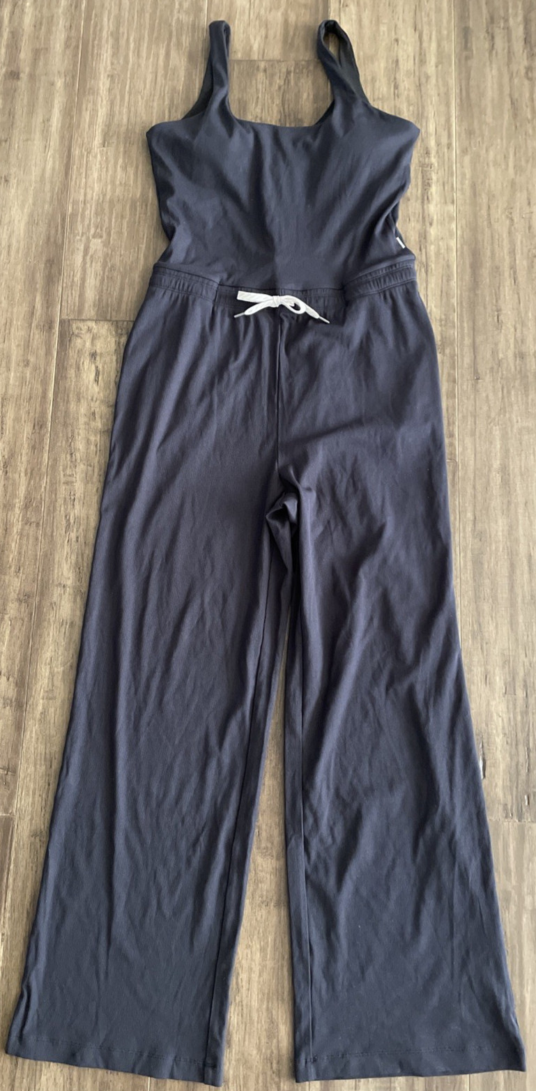 NWOT $148 VUORI Pose Scoop Ribbed Knit Wide Leg Drawstring Jumpsuit LARGE Black