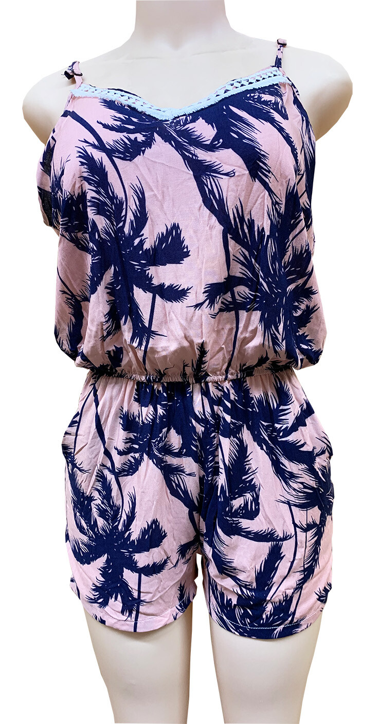 Women Jumpsuit Romper Holiday Summer Sundress Pink Base Palm Tree L