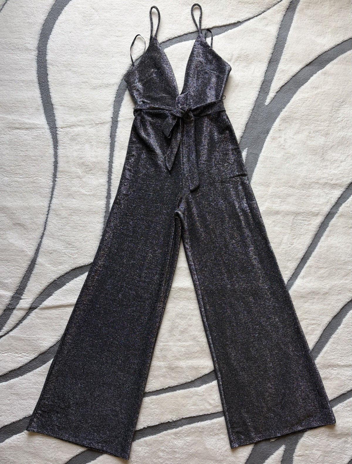 Forever 21 Metallic Black Silver Wide Leg V-Neck Spaghetti Strap Jumpsuit S