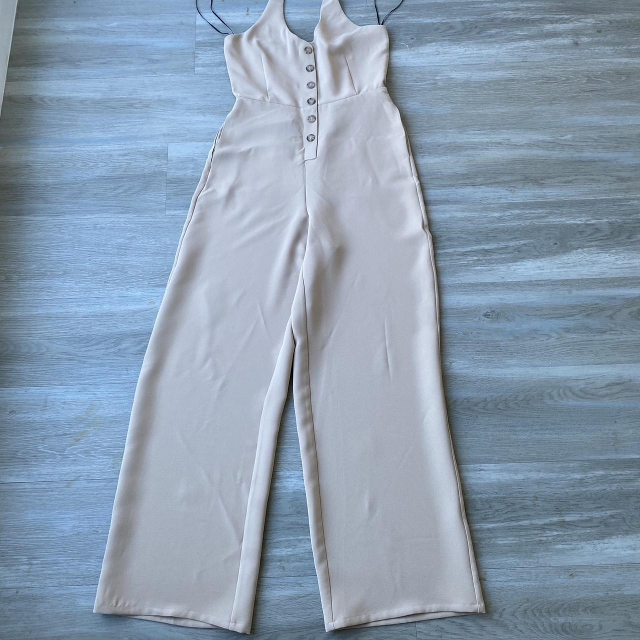 Beige Halter Wide-Leg Jumpsuit – Button Front – Minimalist Neutral One Piece