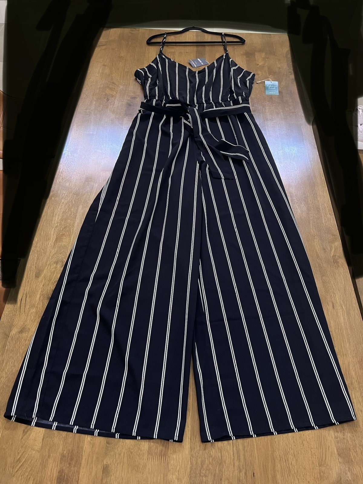 Forever 21+ Plus 3X Black White Striped V-Neck Wide-Leg Belted Jumpsuit