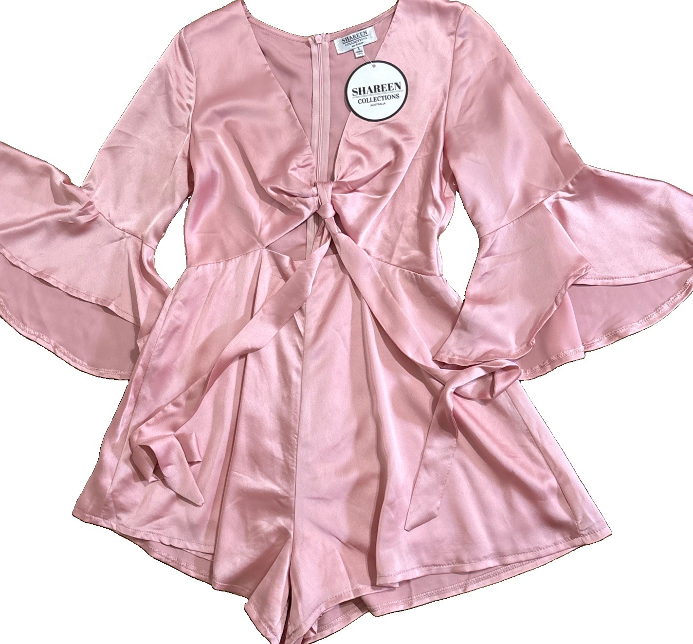 NEW W/TAGS SHAREEN COLLECTIONS PINK SATIN PLAYSUIT/ROMPER FLARE SLEEVES SIZE 8