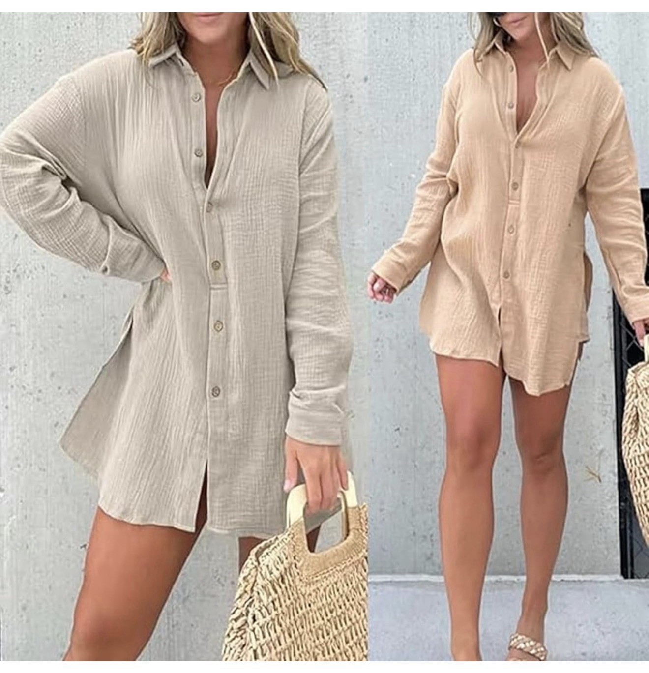 Tan apricot cotton gauze shorty romper . Long sleeve button down – M