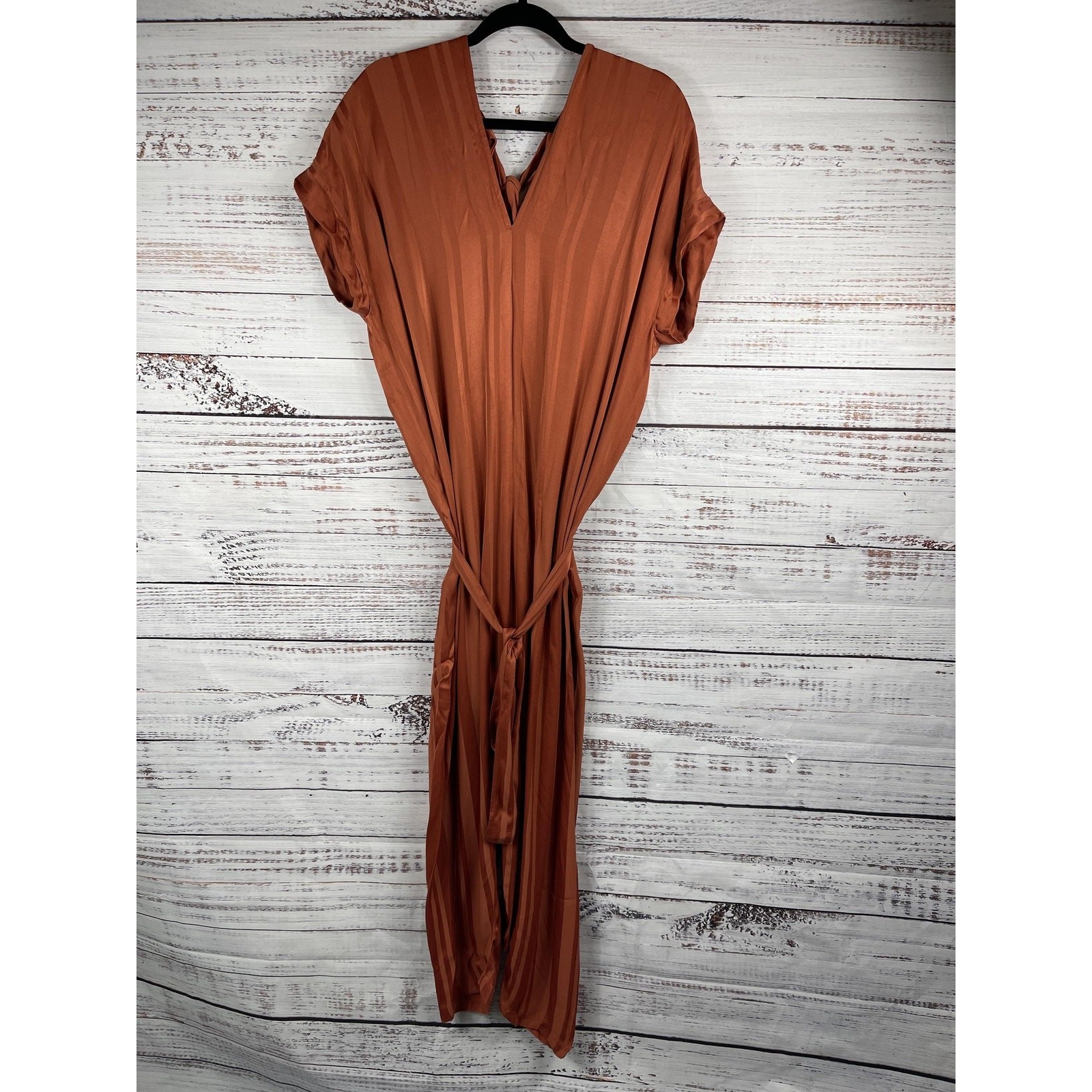 Tina Jo Jumpsuit Women’s SZ S Brown V Neck Tie Waist Tapered Leg Belted New NWT