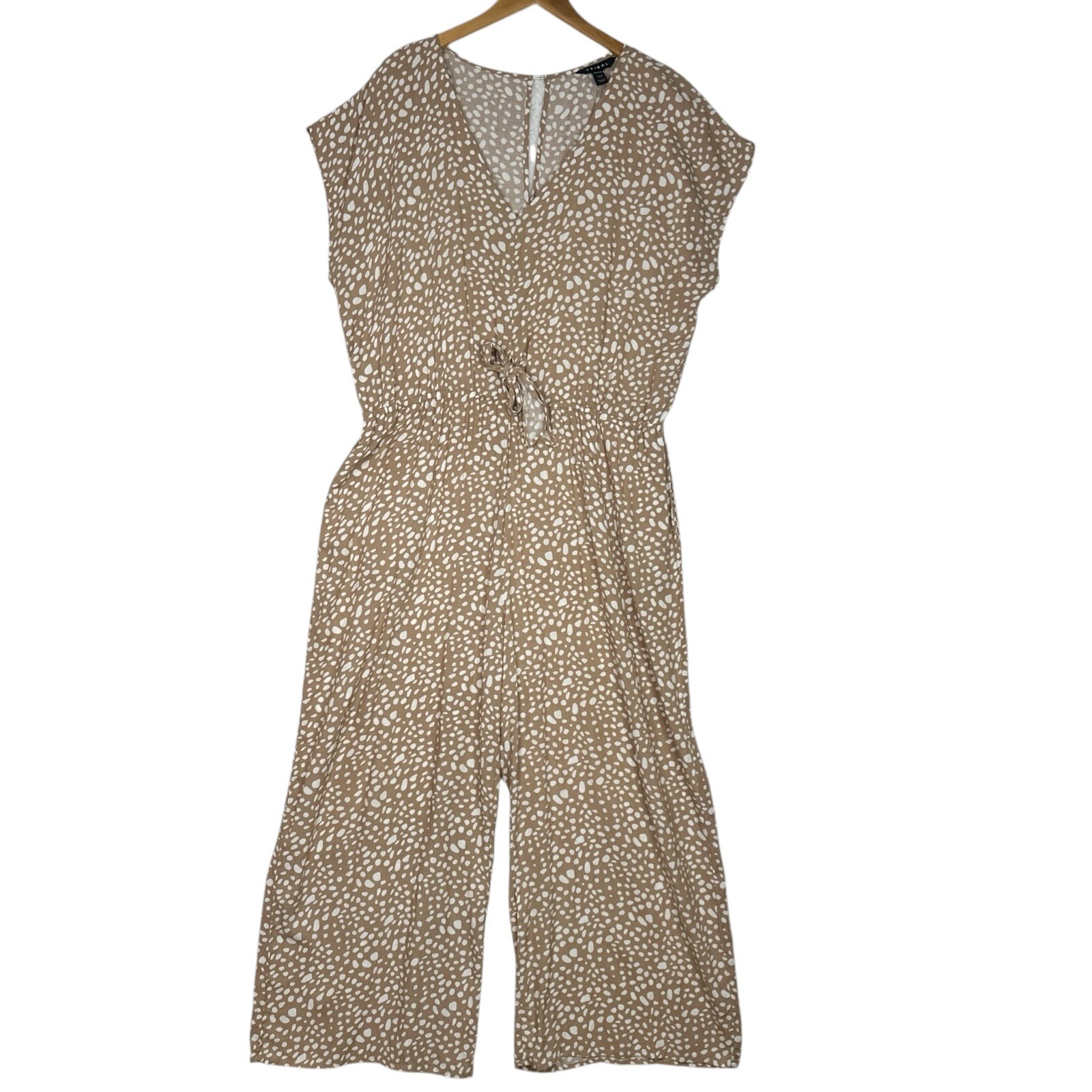 Tribal Wide Leg Jumpsuit XXL Beige White Abstract Print Viscose Elastic Waist
