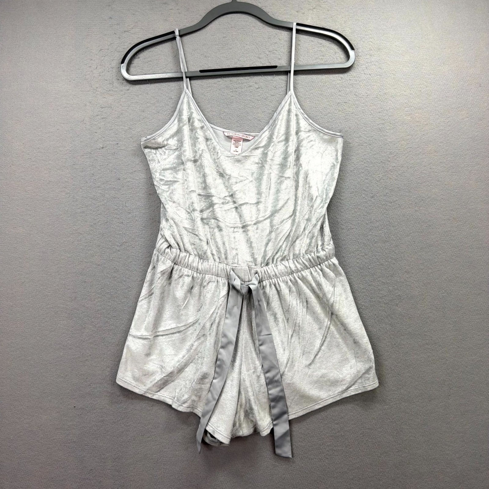 Victoria’s Secret Velvet Short Romper Womens M Silver Tie Waist Spaghetti Straps