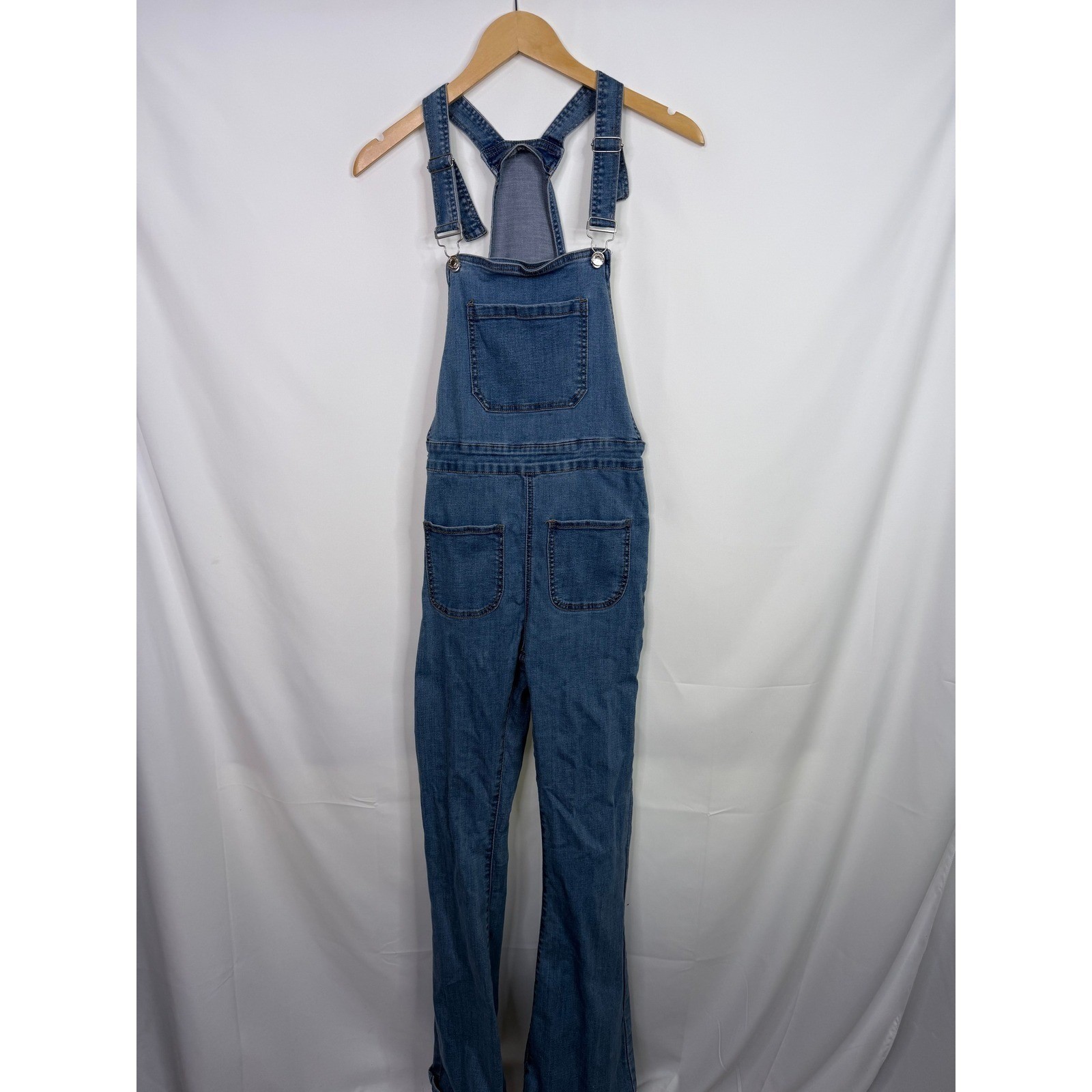 Edikted Denim Overalls Women Size S Blue Flare Leg Jumpsuit