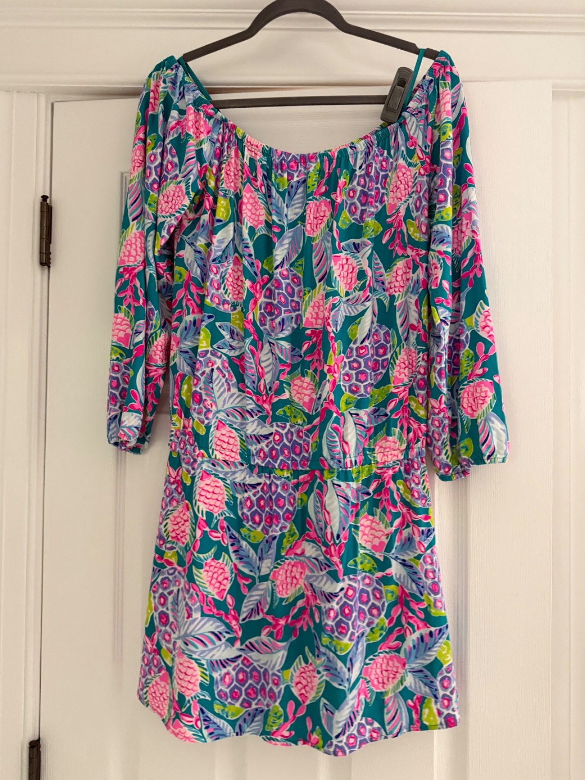LILLY PULITZER Lana Off-The-Shoulder Skort Romper Maldives Green Wave Size M