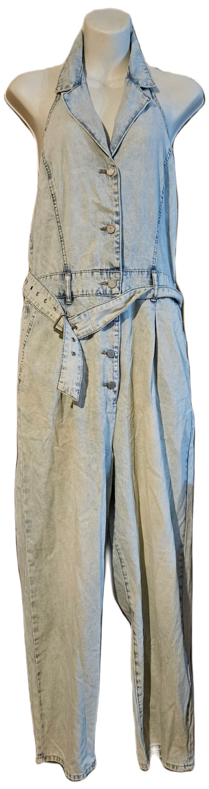 BLANK NYC Light Blue Halter Denim Jumpsuit Size Large Call My Name Crop NWT