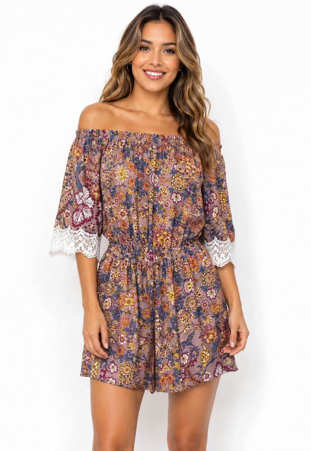 New GIGIO M 8 10 Pull-on Rayon Gauze Floral Lavender Crochet Sleeve Boho Romper