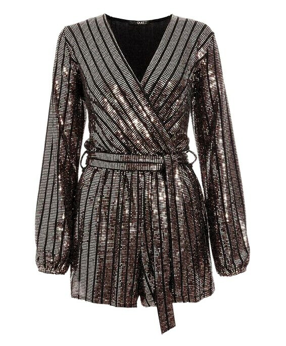 New Womens Quiz Sequin Wrap Playsuit Rose Gold Black Size UK 8