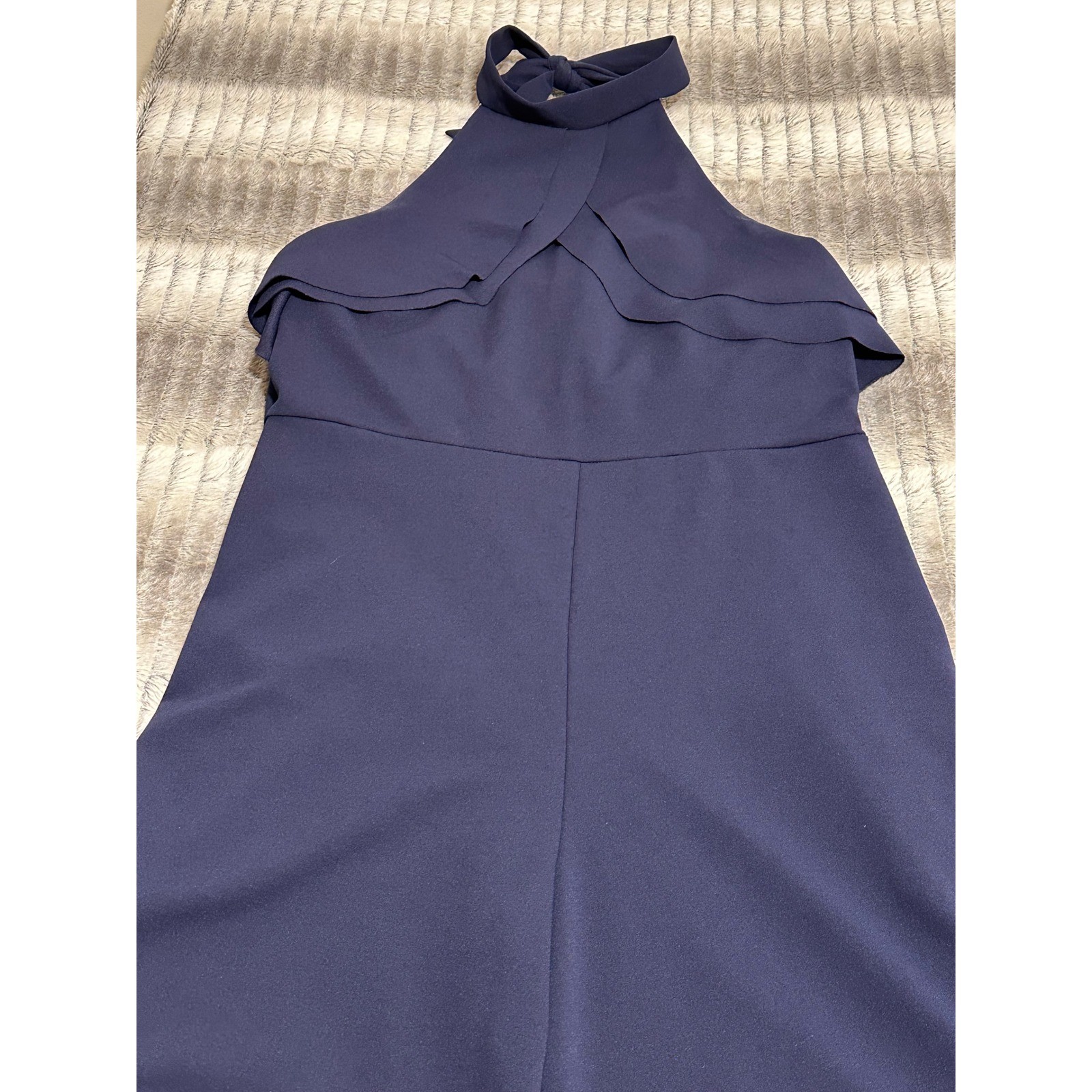 Bebe Navy Halter Ruffle Wide Leg Jumpsuit Size 10 Tie Back Open Back