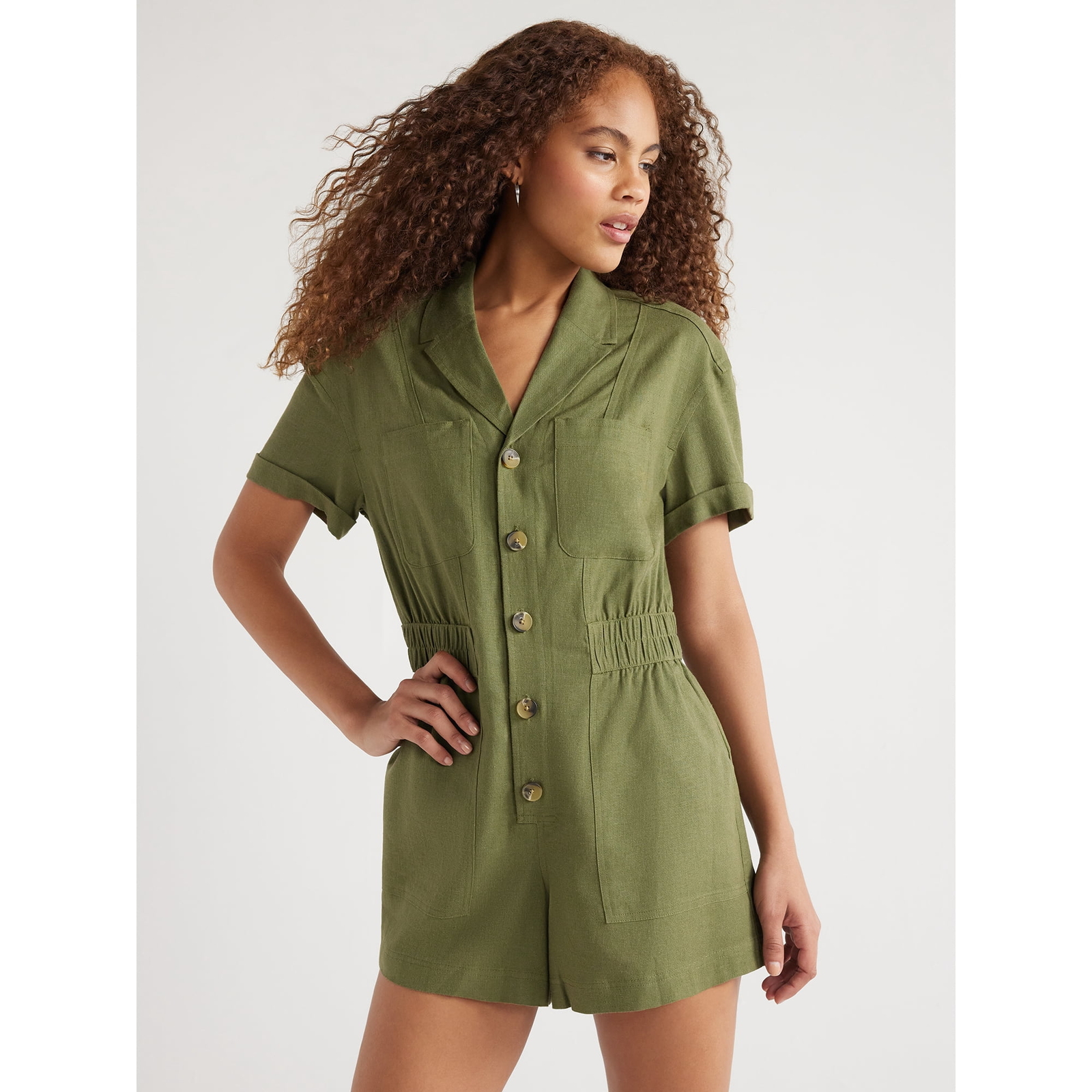 Free Assembly Utility Romper Women’s Size M Green Short Sleeves 4.5” Inseam –W3