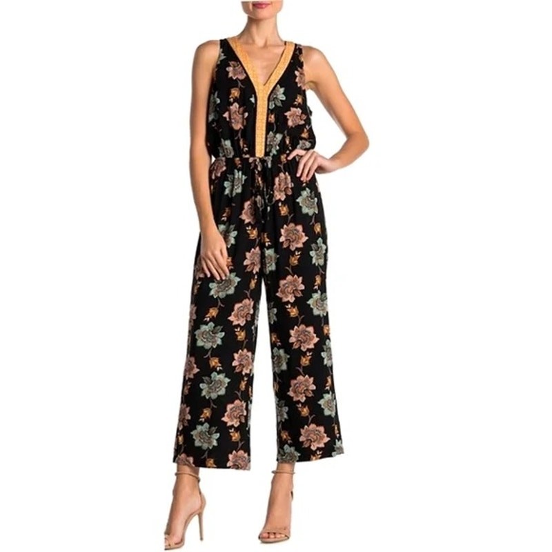Daniel Rainn DR2 Size Medium M Black Floral Sleeveless V-Neck Wide Leg Jumpsuit