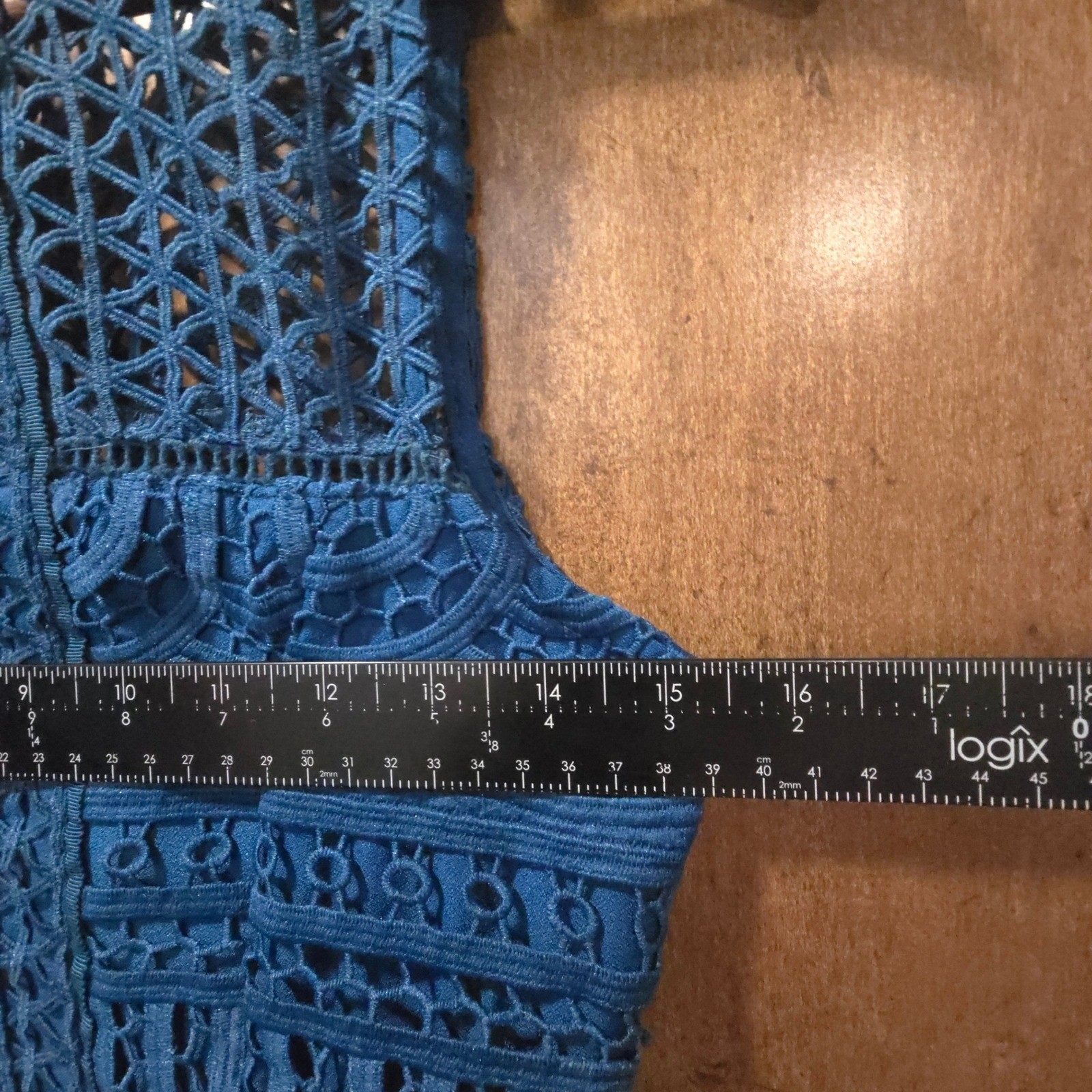 Adelyn Rae Blue Lace Sleeveless Romper High Neck Geometric Crochet S